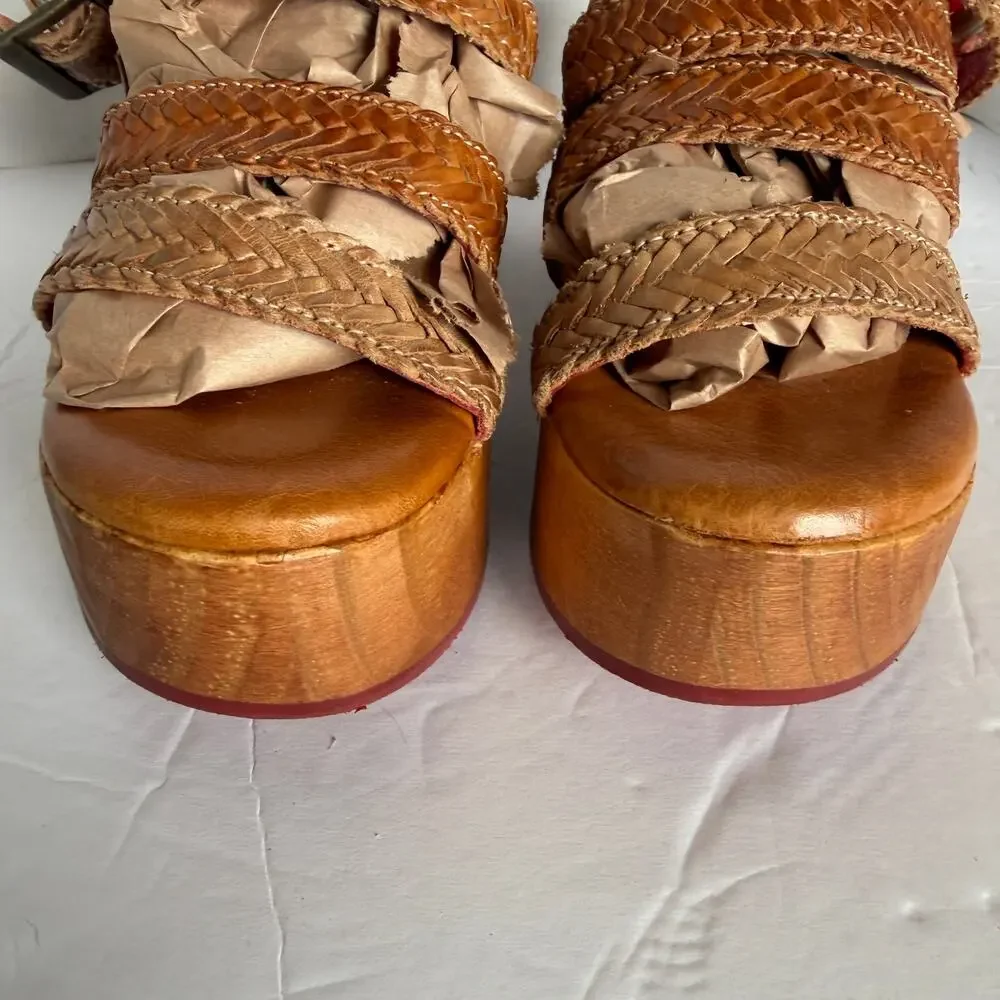 Bed Stu Voicing Braided Leather Platform Sandals Wood Block Heel Tan Clog Sz 6.5